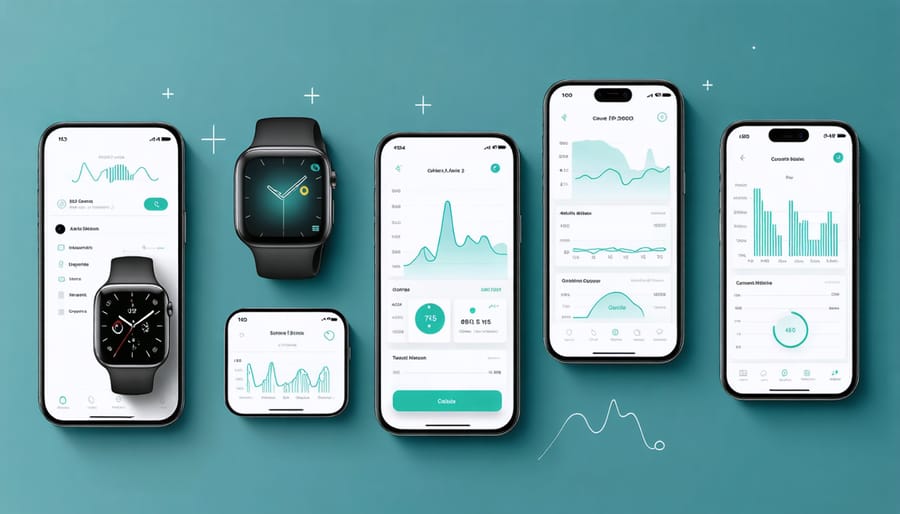 Various health monitoring devices and mobile apps showing fitness and health data