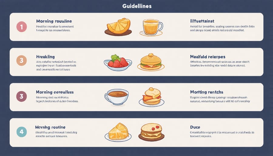 Visual guide of balanced breakfast foods and morning wellness activities