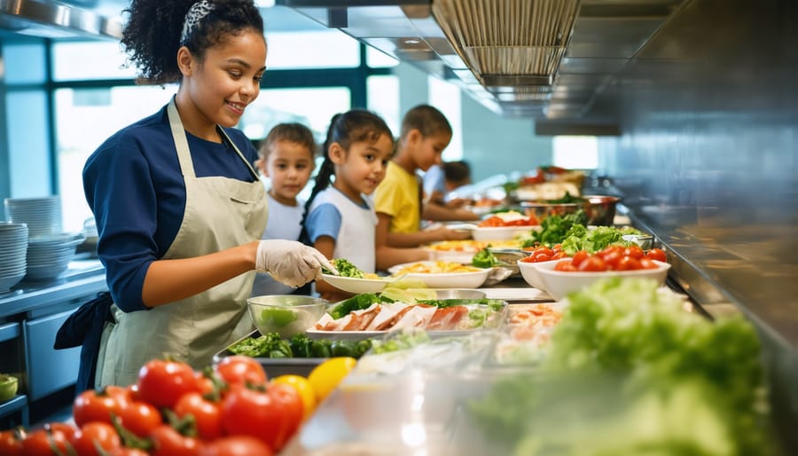 School cafeteria staff serving nutritious meals to students in modern school setting
