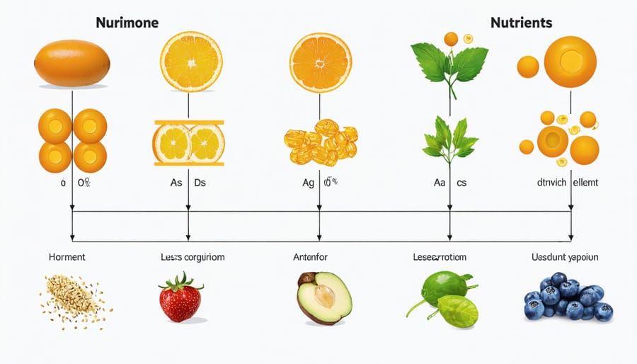 Diagram showing connections between hormones like thyroid, cortisol, and insulin with various vitamins and minerals