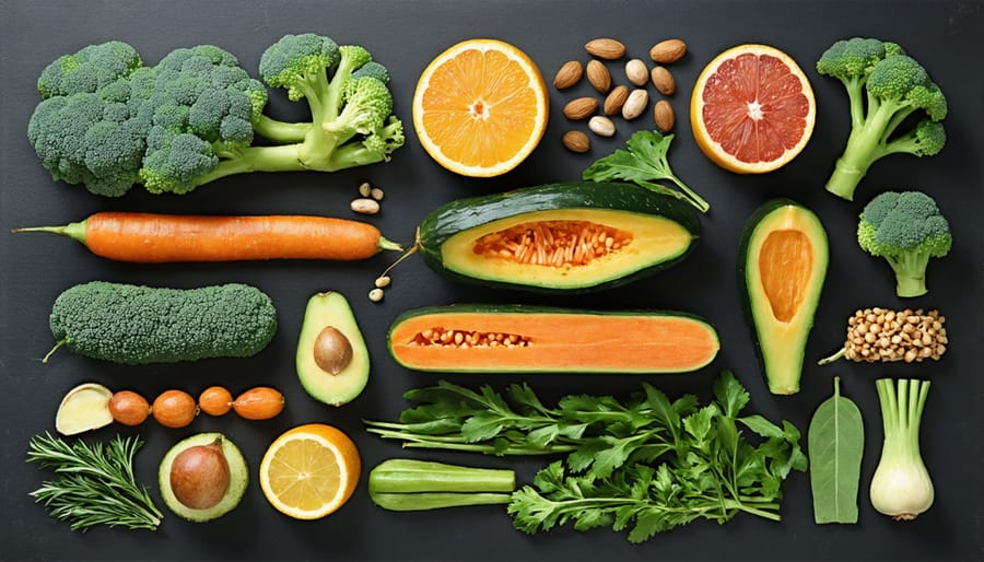 Arrangement of colorful fruits, vegetables, exercise equipment, and sleep accessories for immune health