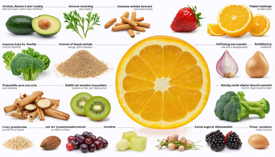 Visual guide displaying healthy foods, exercise, and sleep habits that support immune function
