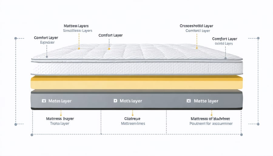 Labeled cross-sectional view of mattress layers showing comfort layer, support core, and cover