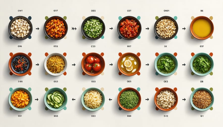 Three plates showing progression of adding fermented foods to a balanced meal