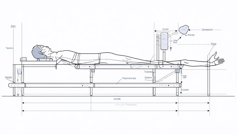 Technical illustration of a medical traction device with labeled components
