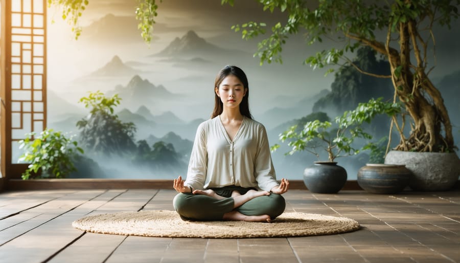 Peaceful meditation room setup with essential breathwork practice elements
