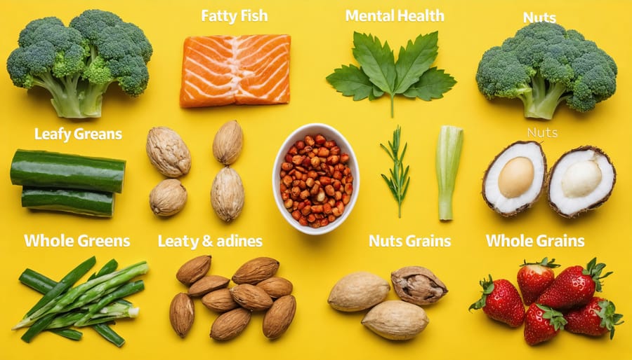 Grid display of foods rich in nutrients essential for mental health