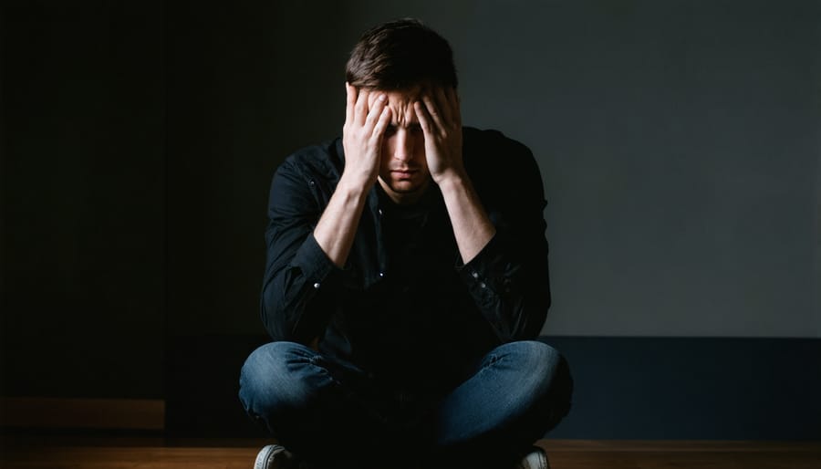 Person experiencing a migraine headache in a darkened room