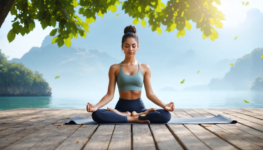 Woman performing a gentle yoga pose for migraine relief