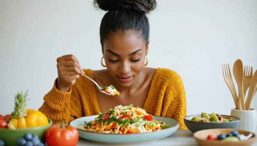 Individual practicing mindful eating with a balanced meal