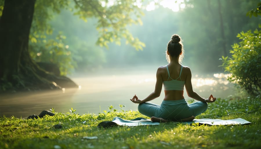 Individual performing yoga pose outdoors with serene expression