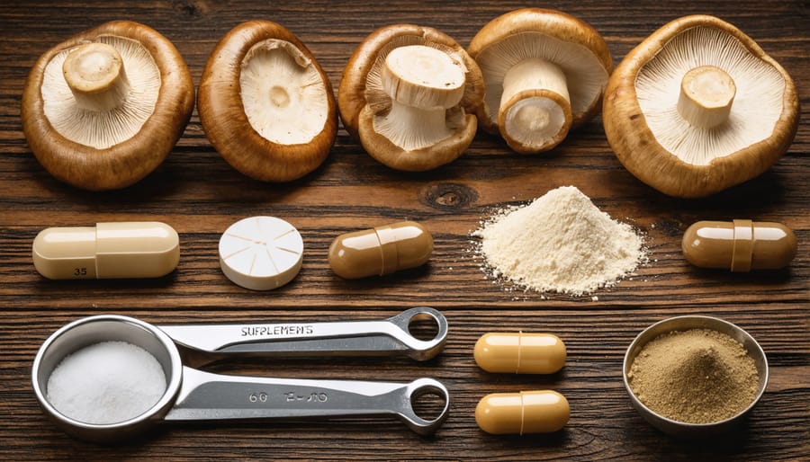 Different forms of mushroom supplements and dosage measurement tools