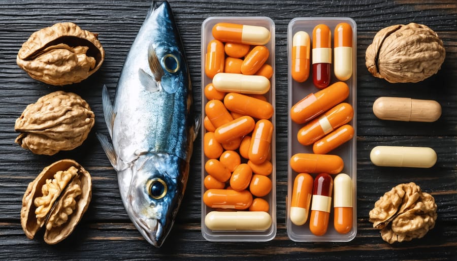 Assortment of omega-3 sources including fish oil supplements and natural food sources