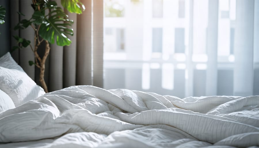Bedroom setup demonstrating ideal sleep environment including blackout curtains, appropriate temperature, and minimal electronics