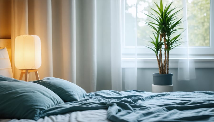 Bedroom setup showing optimal sleep environment features including blackout curtains, proper temperature, and electronics-free space