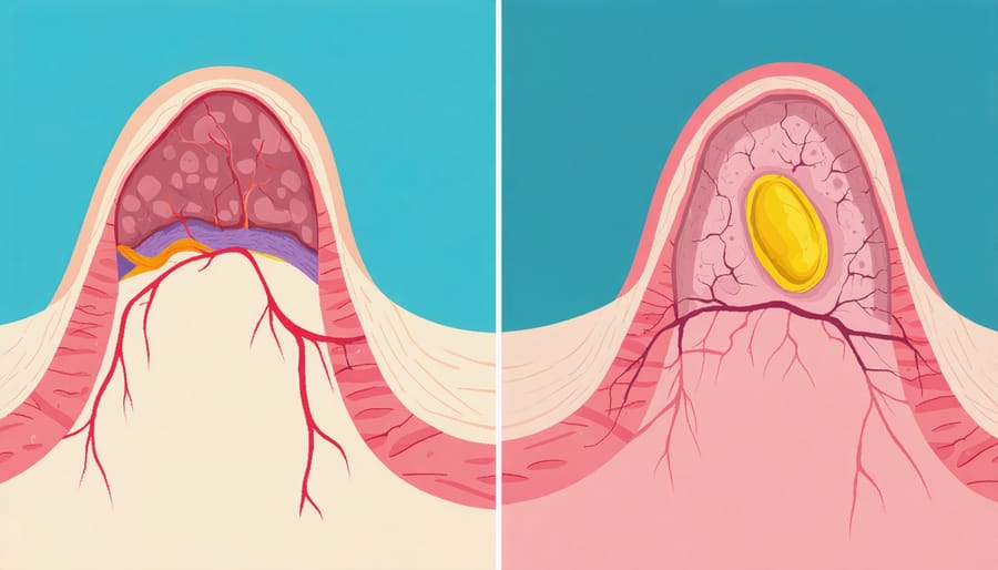 Medical diagram comparing penile tissue structure before and after traction therapy
