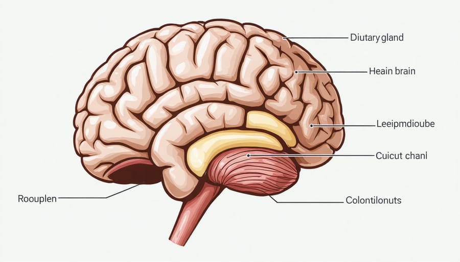 Cross-sectional diagram of human brain highlighting the pituitary gland and its anatomical connections