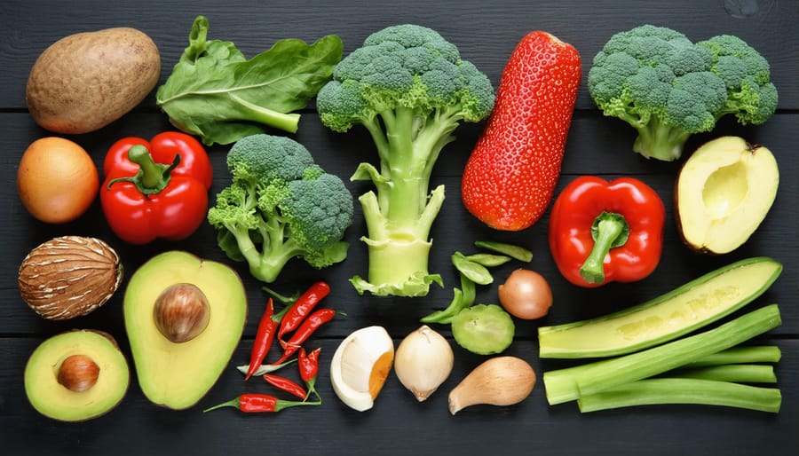 Arrangement of healthy foods including leafy greens, nuts, fish, and whole grains that benefit pituitary function