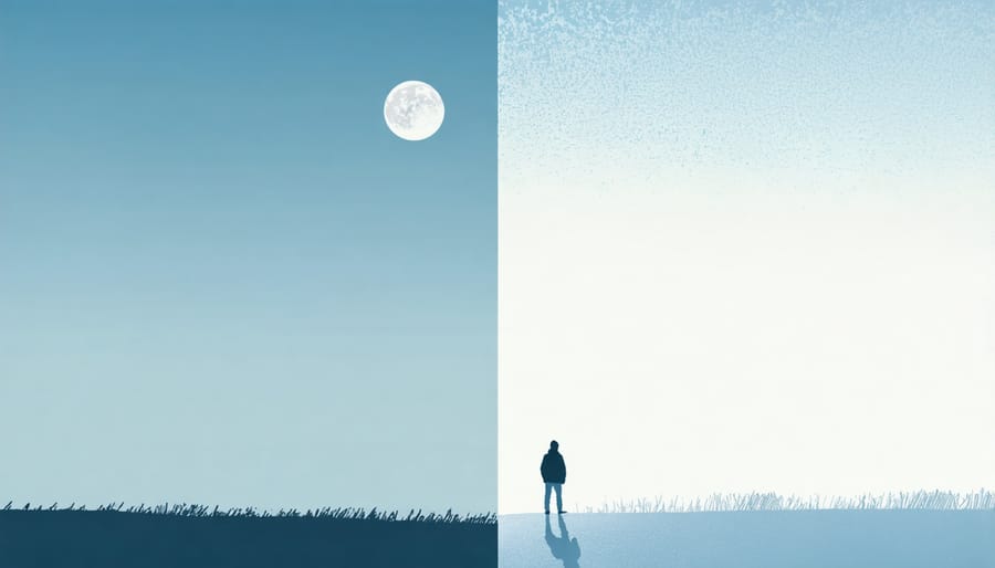 Side-by-side comparison of bright summer day and dark winter scene affecting mood