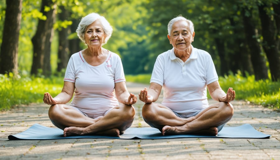 Elderly couple performing gentle yoga poses together in a garden setting