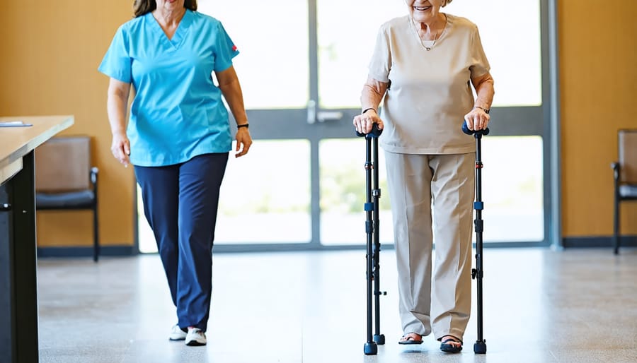 Healthcare professional assisting elderly patient with balance and mobility exercises