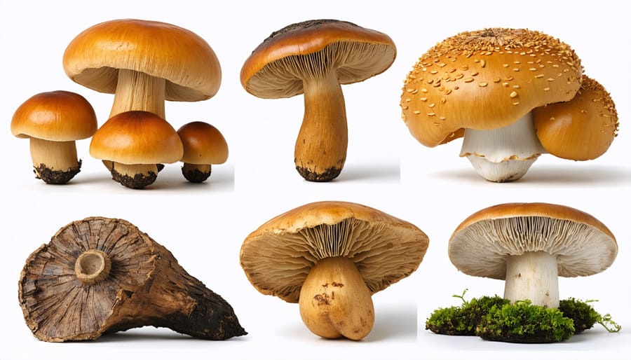 Collection of seven different medicinal mushrooms arranged on a dark background