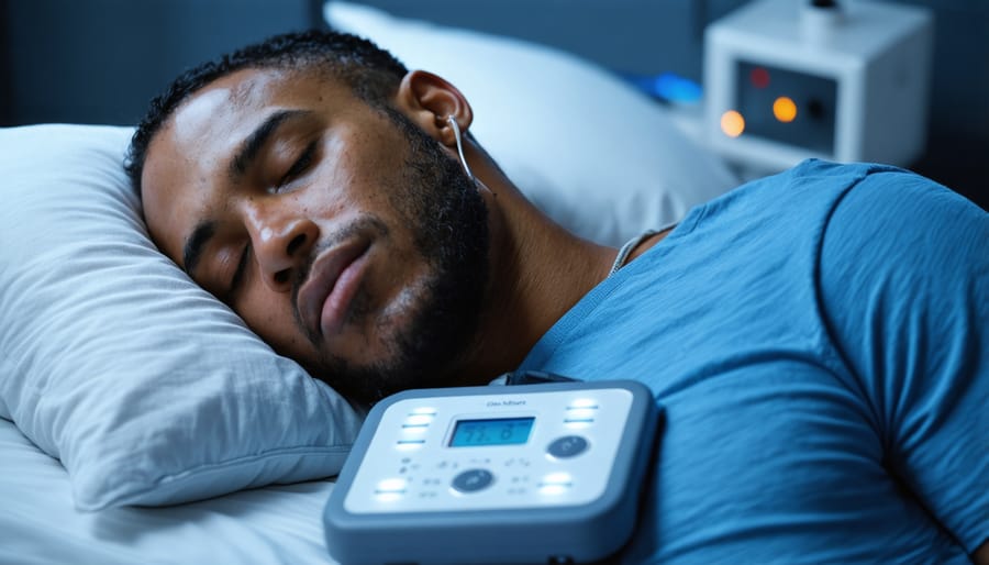 Patient connected to sleep monitoring devices during an overnight sleep study