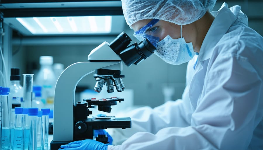 Scientific researcher analyzing genetically modified stem cells in a modern laboratory setting