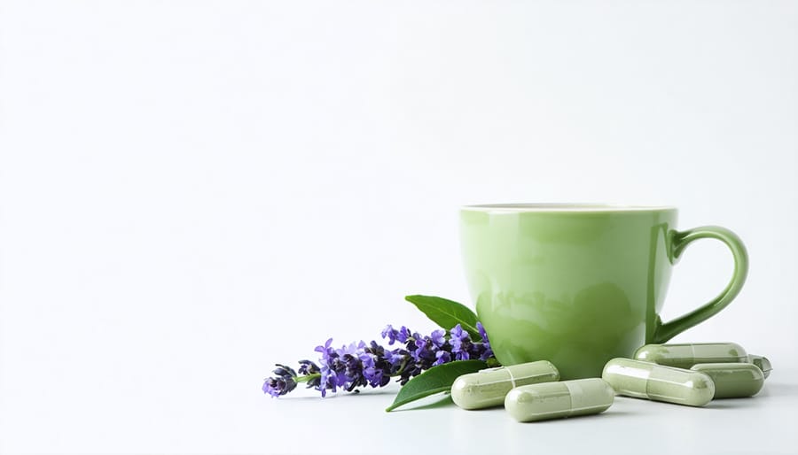 Natural stress-relief supplements and calming herbs arrangement