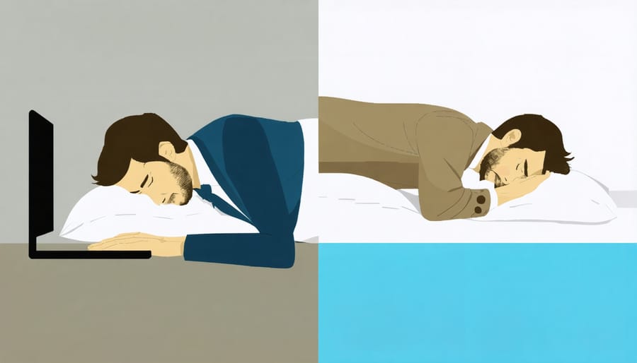 Side-by-side comparison of stressed man at office desk and peaceful sleeping