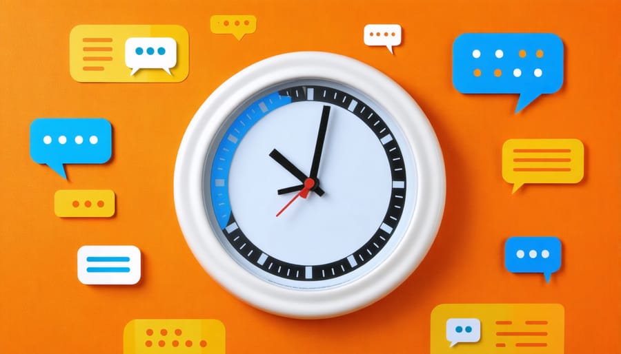 Circular design showing 24-hour availability of emotional support chatbots with supporting message icons