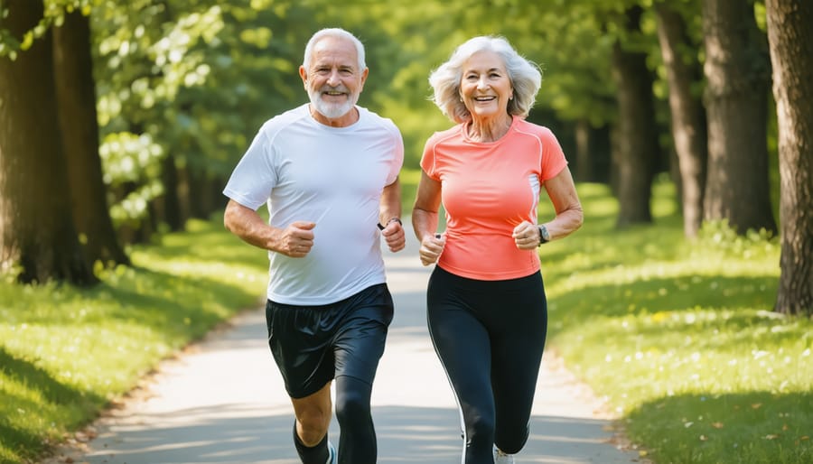 Active senior couple exercising together outdoors in a park setting