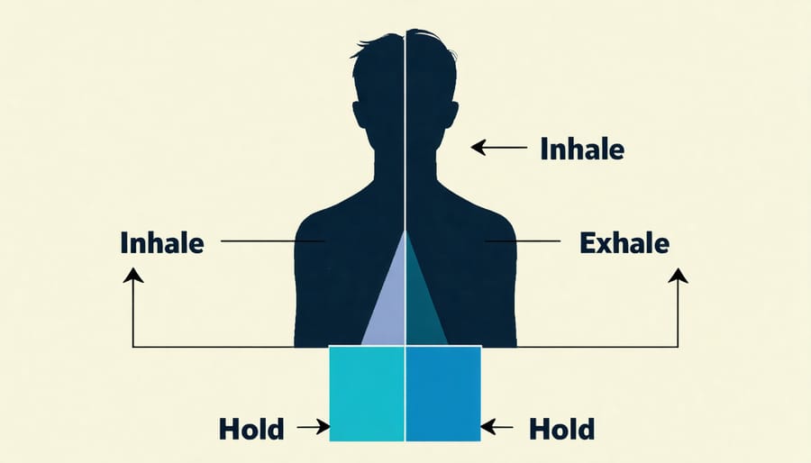 Instructional diagram demonstrating the four steps of box breathing in a square pattern