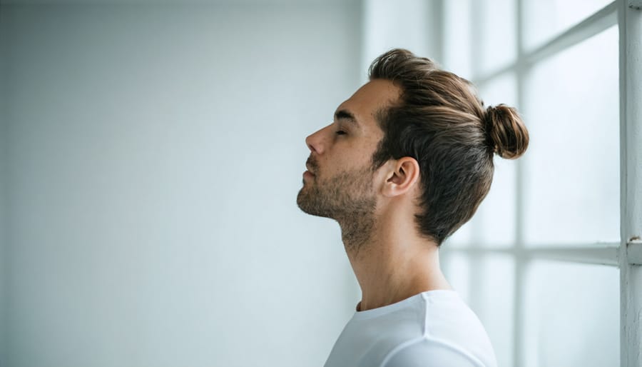Person demonstrating correct posture and hand placement for 4-7-8 breathing technique