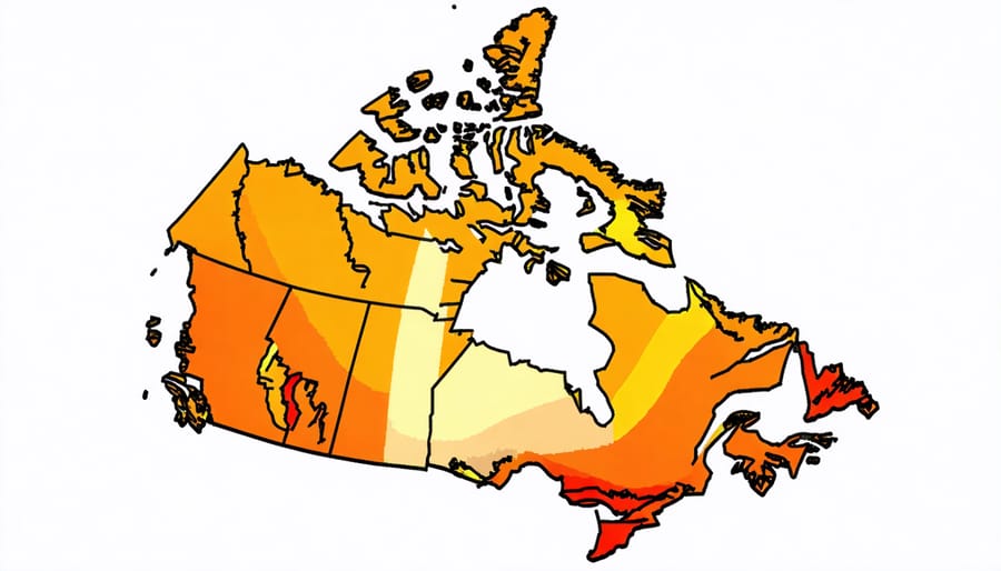 Geographic map of Canadian sunlight exposure levels throughout the year