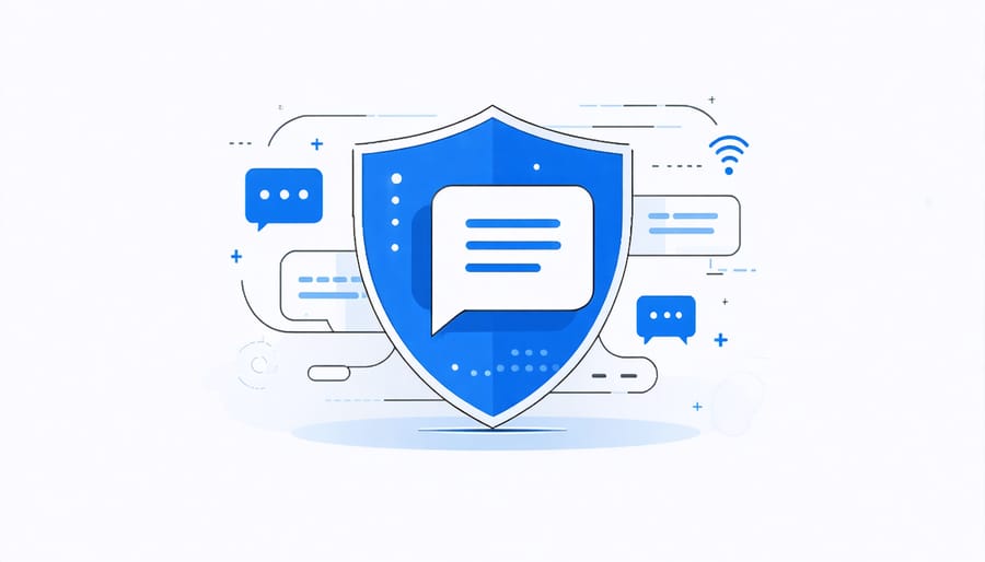 Protective shield icon surrounding chat messages representing data security in emotional support chatbots