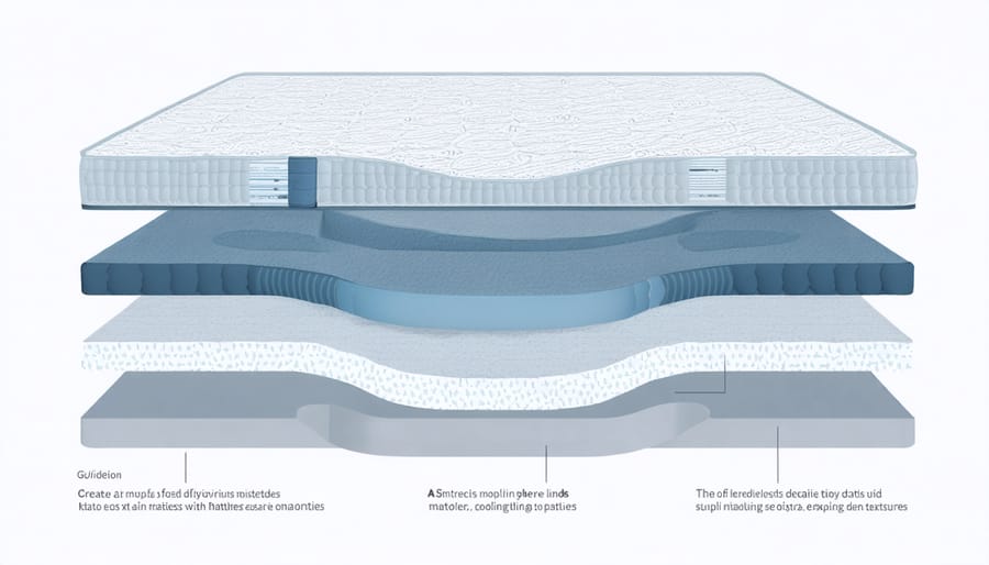 Detailed cutaway view of cooling mattress layers including gel foam, latex, and hybrid designs