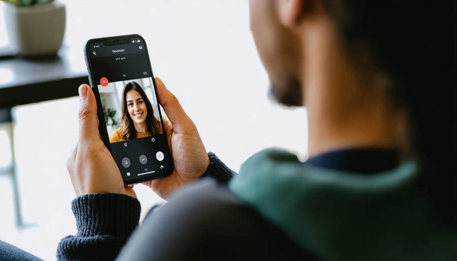 Individual engaged in virtual therapy session while using mental health tracking application