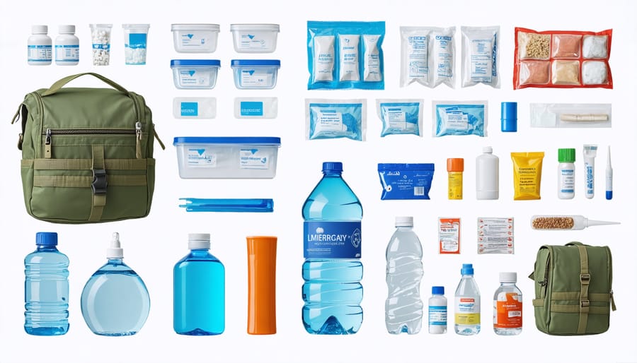 Well-organized emergency preparedness kit containing essential supplies including non-perishable food, water bottles, first aid materials, and masks