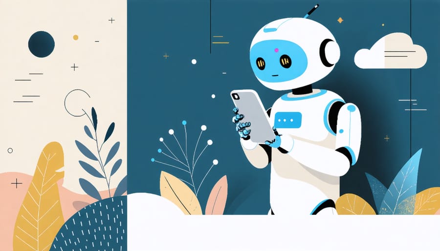 Person messaging with an AI emotional support chatbot on a smartphone interface with soothing design elements