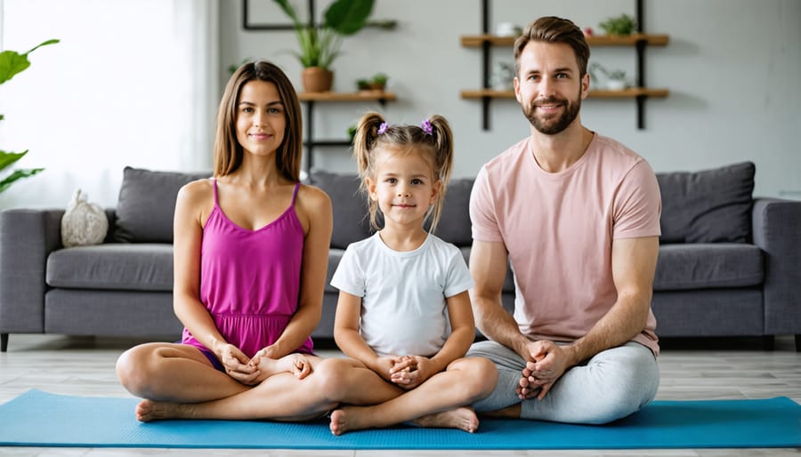 Parents and children practicing yoga together on exercise mats in their home living room