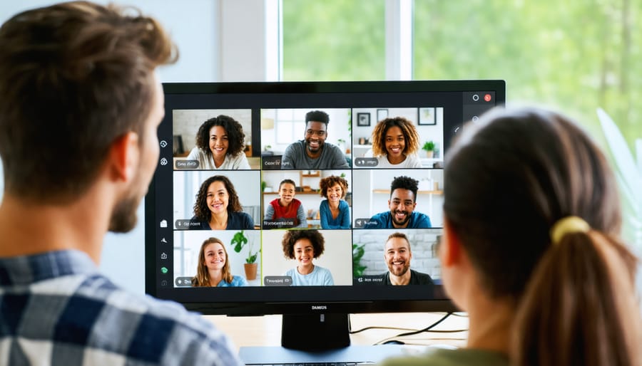 Family members using video chat technology to stay connected during isolation, showing multiple faces on a computer screen