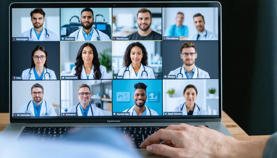 International healthcare workers collaborating via video conference on emergency response planning