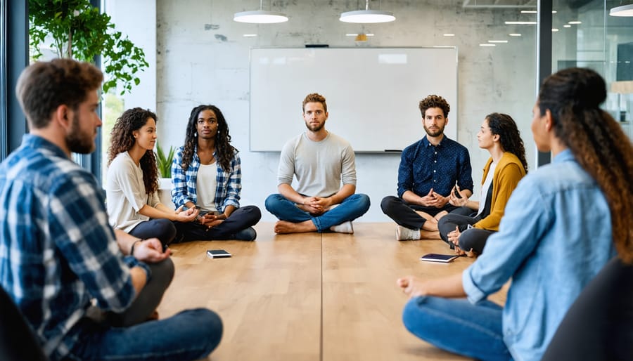 Corporate team engaged in group mindfulness training session