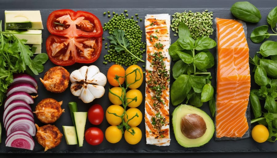 Healthy Mediterranean diet foods arranged on a wooden table