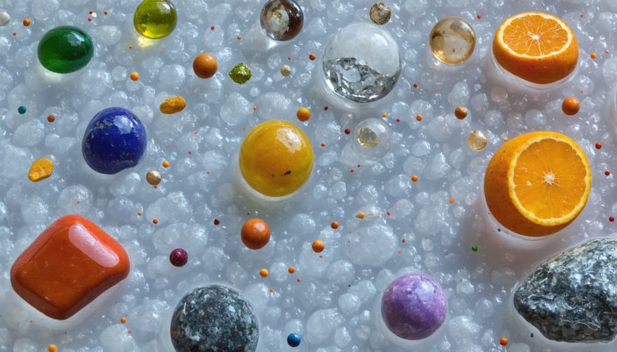 Magnified view of colorful microplastic particles including microbeads, fibers, and fragments