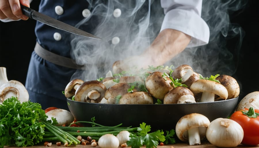 Professional chef sautéing mushrooms in a stainless steel pan over flame
