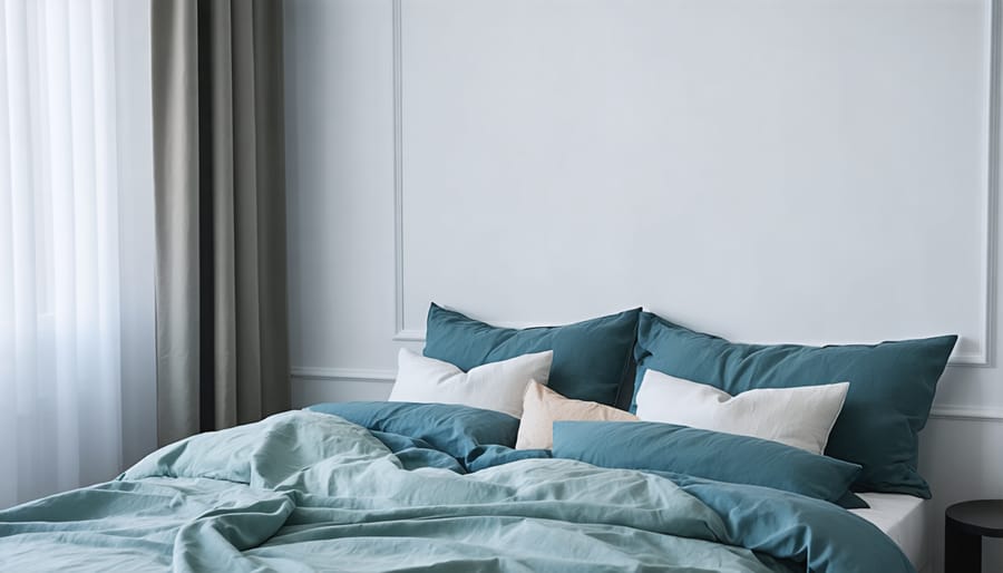 Calming bedroom scene showing proper lighting, temperature controls, and sleep-promoting elements