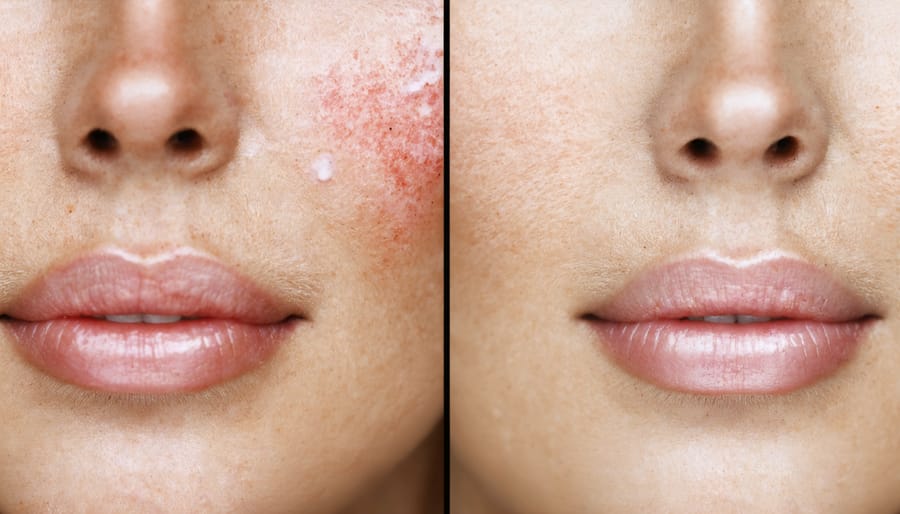 Side-by-side comparison of healthy skin versus irritated, over-exfoliated skin showing redness and inflammation