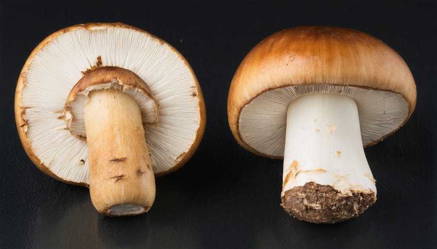 Side-by-side comparison of raw white mushrooms and golden-brown sautéed mushrooms